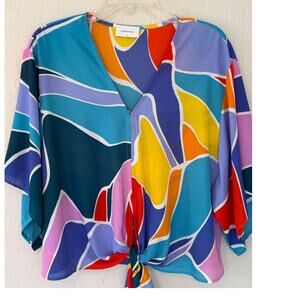 Women's Adrienne Multi Color Front Tie Funky Fun Blouse Top Shirt Size Small